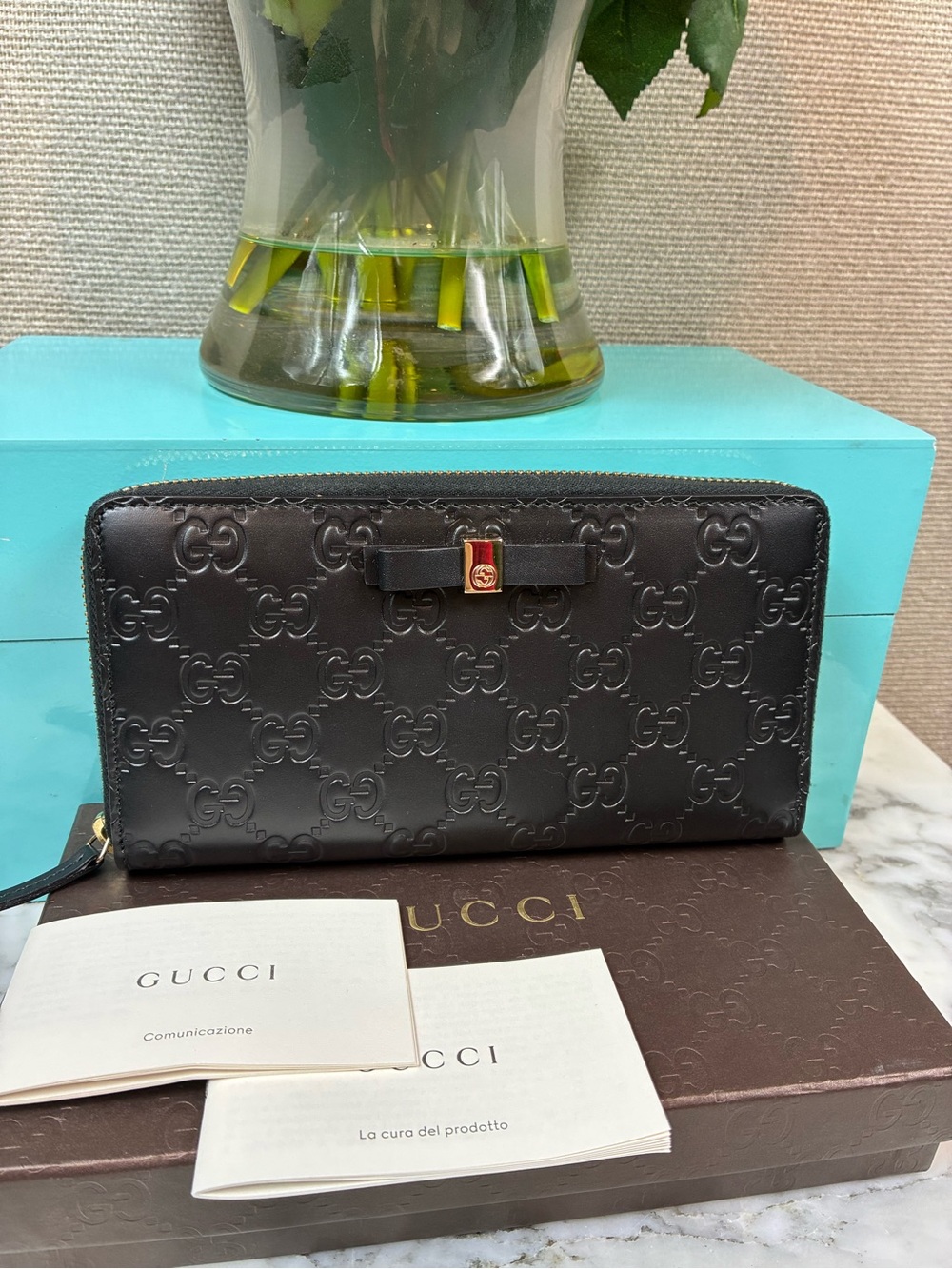 Gucci Black Nero Guccissima GG Zip Around Leather Wallet w/ Bow Accent - NWOT - Picture 2 of 13